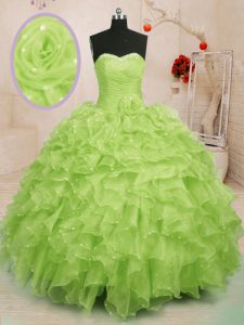 Yellow Green Lace Up 15th Birthday Dress Beading and Ruffles and Hand Made Flower Sleeveless Floor Length