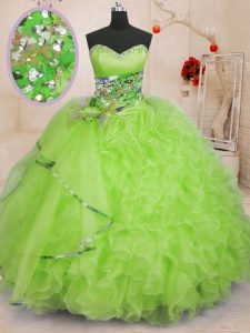 Unique Yellow Green Ball Gowns Sweetheart Sleeveless Organza Floor Length Lace Up Beading and Ruffles Quince Ball Gowns