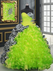 Sweetheart Sleeveless Brush Train Lace Up Quinceanera Gown Yellow Green Organza and Printed