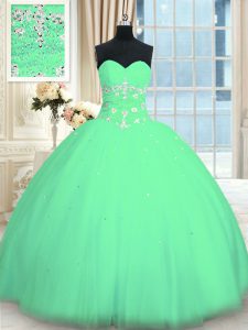Best Turquoise Sleeveless Floor Length Appliques Lace Up Sweet 16 Quinceanera Dress