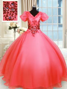 Coral Red Lace Up V-neck Appliques Sweet 16 Dress Organza Short Sleeves