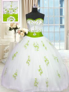 Affordable White Quinceanera Dresses Military Ball and Sweet 16 and Quinceanera and For with Appliques and Belt Sweetheart Sleeveless Lace Up