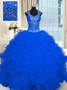Ball Gowns Quinceanera Dresses Royal Blue Straps Organza Cap Sleeves Floor Length Lace Up