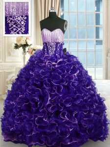 Sophisticated Purple Ball Gowns Organza Sweetheart Sleeveless Beading and Ruffles With Train Lace Up Quinceanera Gown Brush Train