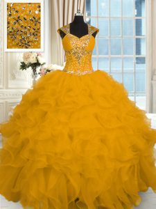 Shining Gold Ball Gown Prom Dress Military Ball and Sweet 16 and Quinceanera and For with Beading and Ruffles Straps Cap Sleeves Lace Up