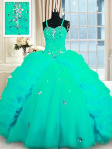 Turquoise Ball Gowns Organza Spaghetti Straps Sleeveless Beading and Ruffles With Train Lace Up 15th Birthday Dress Sweep Train