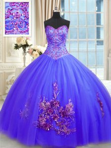Glorious Ball Gowns Quinceanera Gown Blue Sweetheart Tulle Sleeveless Floor Length Lace Up