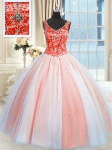Multi-color Ball Gowns Beading and Sequins Sweet 16 Quinceanera Dress Lace Up Tulle Sleeveless Floor Length