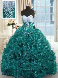 Sweetheart Sleeveless Organza Quinceanera Gowns Beading and Ruffles Brush Train Lace Up