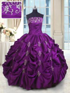 Luxurious Eggplant Purple Strapless Neckline Beading and Appliques and Embroidery and Pick Ups Quinceanera Gowns Sleeveless Lace Up