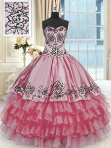 Pretty Rose Pink Organza and Taffeta Lace Up Quinceanera Dress Sleeveless Floor Length Beading and Embroidery and Ruffled Layers