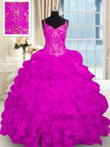 Spectacular Fuchsia Spaghetti Straps Lace Up Beading and Embroidery and Ruffles Quinceanera Dress Brush Train Sleeveless