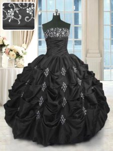 Black Lace Up Quince Ball Gowns Beading and Lace and Appliques and Pick Ups Sleeveless Floor Length