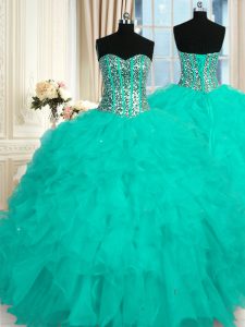 Ideal Aqua Blue Party Dresses Military Ball and Sweet 16 and Quinceanera and For with Beading and Ruffles Sweetheart Sleeveless Lace Up