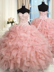Sweetheart Sleeveless Sweet 16 Dress Floor Length Beading and Ruffles Baby Pink Organza