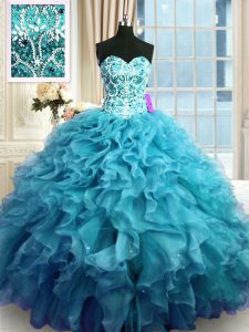 Deluxe Sleeveless Organza Floor Length Lace Up Sweet 16 Quinceanera Dress in Teal with Beading and Ruffles