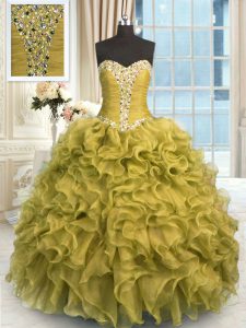 Sleeveless Floor Length Beading and Ruffles Lace Up Quince Ball Gowns with Brown