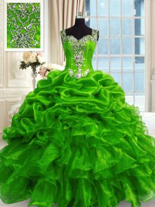 Most Popular Green Organza Lace Up Vestidos de Quinceanera Sleeveless Floor Length Beading and Ruffles and Pick Ups