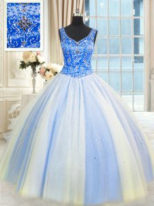 Sequins Floor Length Ball Gowns Sleeveless Blue And White 15 Quinceanera Dress Lace Up