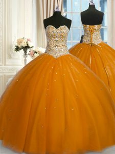 Eye-catching Sequins Rust Red Sleeveless Tulle Lace Up Sweet 16 Dresses for Military Ball and Sweet 16 and Quinceanera