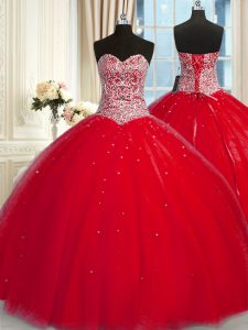 Beauteous Halter Top Red Ball Gowns Beading and Sequins 15 Quinceanera Dress Lace Up Tulle Sleeveless