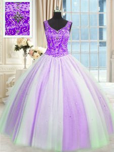 Glamorous Sequins Floor Length Ball Gowns Sleeveless White And Purple Quinceanera Dresses Lace Up