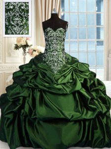 Custom Designed Sleeveless Taffeta Floor Length Zipper Vestidos de Quinceanera in Dark Green with Beading and Embroidery and Pick Ups