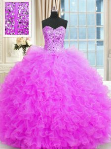 Cheap Floor Length Lilac Quince Ball Gowns Tulle Sleeveless Beading and Ruffles