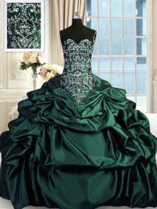 Sleeveless Floor Length Beading and Embroidery and Pick Ups Zipper Vestidos de Quinceanera with Dark Green