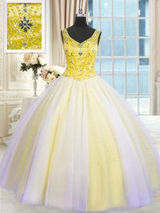 Chic Sleeveless Tulle Floor Length Lace Up Sweet 16 Dress in Multi-color with Beading and Sequins