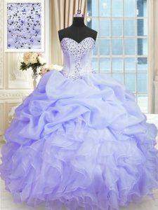 Cute Lavender Lace Up 15th Birthday Dress Beading and Ruffles Sleeveless Floor Length