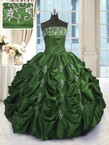 Floor Length Green Quinceanera Gown Taffeta Sleeveless Beading and Appliques and Embroidery and Pick Ups