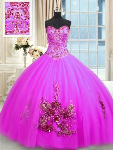 On Sale Sweetheart Sleeveless Lace Up Quinceanera Dress Fuchsia Tulle