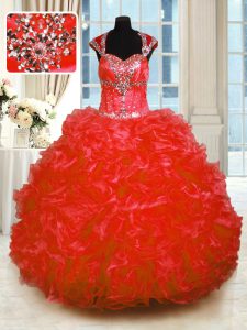 Red Straps Lace Up Beading and Ruffles Sweet 16 Dresses Cap Sleeves