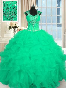 Straps Cap Sleeves Sweet 16 Dresses Floor Length Beading and Ruffles and Pattern Turquoise Organza