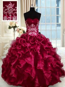 Unique Wine Red Ball Gowns Sweetheart Sleeveless Organza Floor Length Lace Up Beading and Appliques and Ruffles Dama Dress for Quinceanera