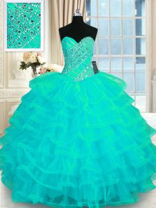 Dramatic Ruffled Floor Length Turquoise 15th Birthday Dress Sweetheart Sleeveless Lace Up