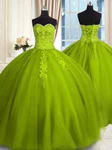 Amazing Olive Green Lace Up Sweet 16 Dress Embroidery Sleeveless Floor Length