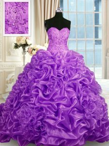 Fuchsia Quinceanera Dresses Military Ball and Sweet 16 and Quinceanera and For with Beading and Pick Ups Sweetheart Sleeveless Sweep Train Lace Up