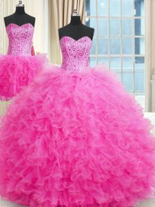 Charming Three Piece Rose Pink Lace Up Strapless Beading and Ruffles Quinceanera Gowns Tulle Sleeveless