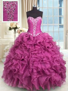 Rose Pink Sleeveless Floor Length Beading and Ruffles Lace Up Sweet 16 Dresses