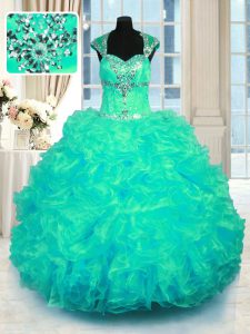 Turquoise Ball Gowns Organza Straps Cap Sleeves Beading and Ruffles Floor Length Lace Up 15th Birthday Dress