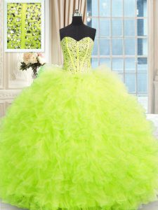 Sophisticated Floor Length Ball Gowns Sleeveless Yellow Green Quinceanera Gown Lace Up