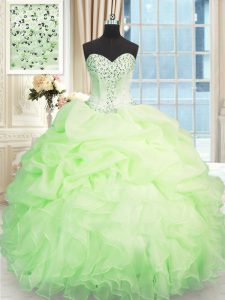 Beautiful Apple Green Organza Lace Up Sweetheart Sleeveless Floor Length Sweet 16 Quinceanera Dress Beading and Ruffles