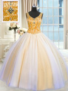 Sequins V-neck Sleeveless Lace Up Quince Ball Gowns Multi-color Tulle