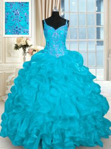 Excellent Aqua Blue Ball Gowns Beading and Embroidery and Ruffles 15th Birthday Dress Lace Up Organza Sleeveless