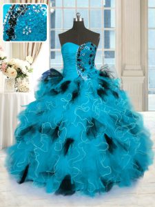 Blue And Black Lace Up Sweet 16 Dress Beading and Ruffles Sleeveless Floor Length