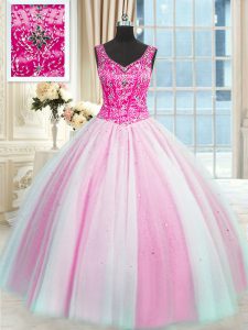 Baby Pink and Pink And White Sleeveless Floor Length Beading Lace Up Quinceanera Dress
