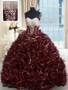 Discount Brown Sleeveless With Train Beading and Ruffles Lace Up Quinceanera Gown