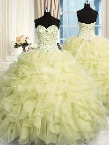 Artistic Yellow Organza Lace Up Ball Gown Prom Dress Sleeveless Floor Length Beading and Ruffles